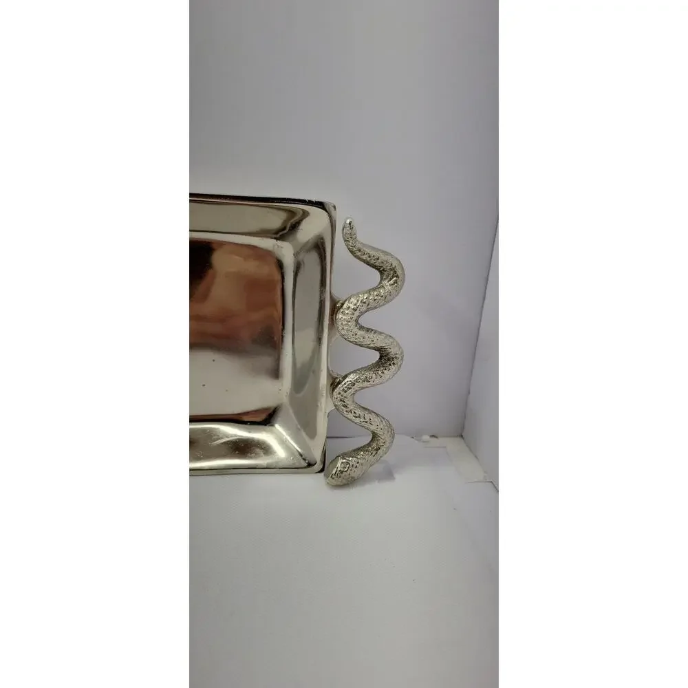 Snake Handle Silver Serving Tray Food Safe India Vanity Bar Coffee Table Decor